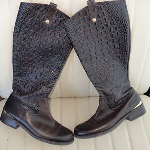 Vince Camuto Brown Leather Boots Snake Skin Knee High Boots 9M w Gold Detail
